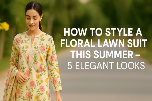 A young South Asian woman wearing a cream floral lawn suit walks gracefully along a tree-lined path, with bold white text on the right that reads 'How to Style a Floral Lawn Suit This Summer – 5 Elegant Looks'.