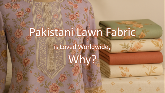 Close-up of digitally printed Pakistani lawn suit in lavender with folded fabric stacks – Elegance Wear blog cover image