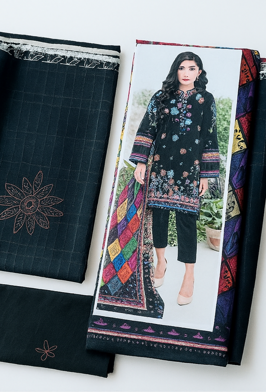 Flat lay of black unstitched lawn suit with embroidered shirt, multicolor printed dupatta, and trouser – Maria-B inspired 3-piece outfit