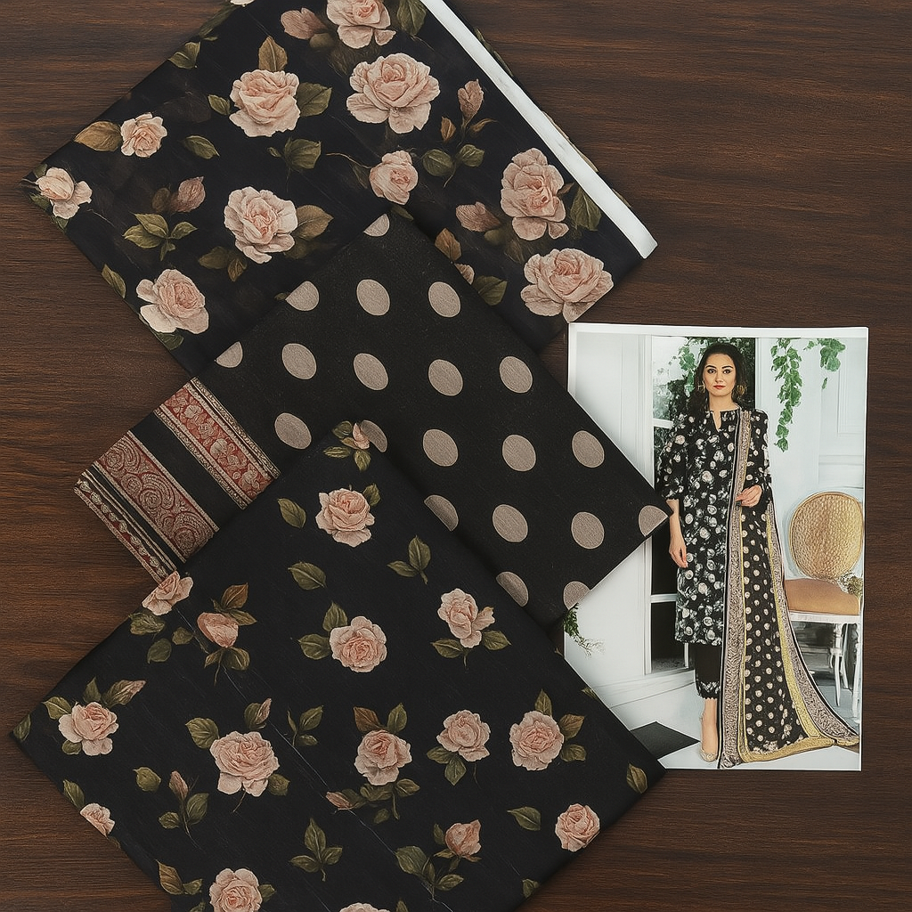 Unstitched 3-piece lawn suit with black floral shirt, polka dot trouser, and printed vail dupatta – Maria-B inspired design