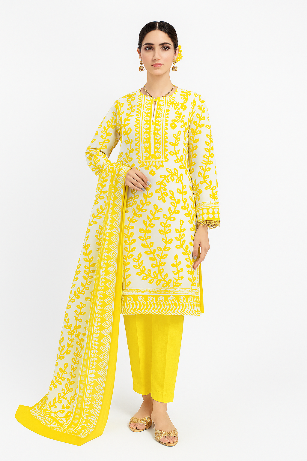 Flat lay of Maria-B inspired yellow and white digital printed lawn suit with plain trouser and printed dupatta