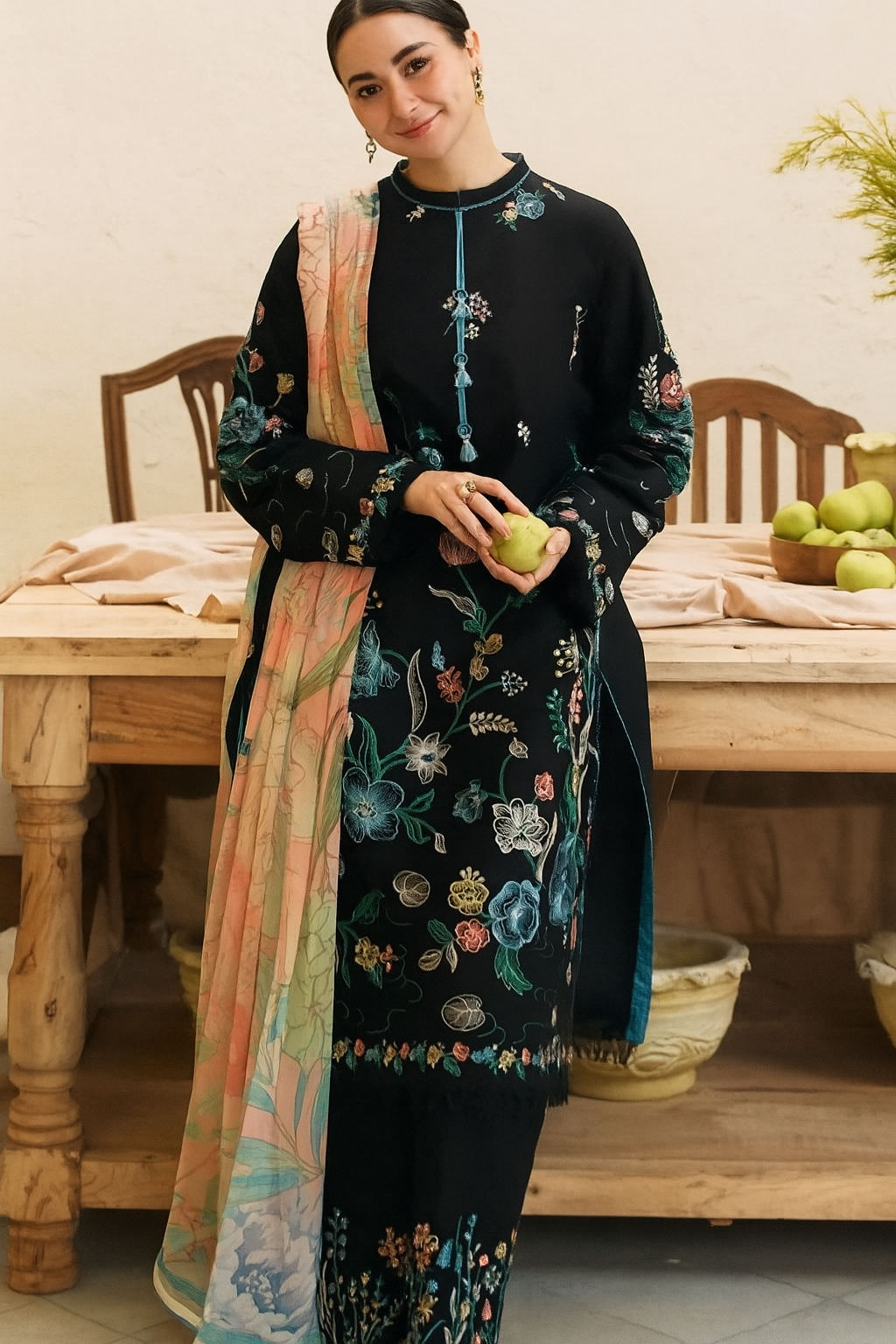 Unstitched 3-piece lawn suit with floral embroidery and pastel dupatta – EWD-7