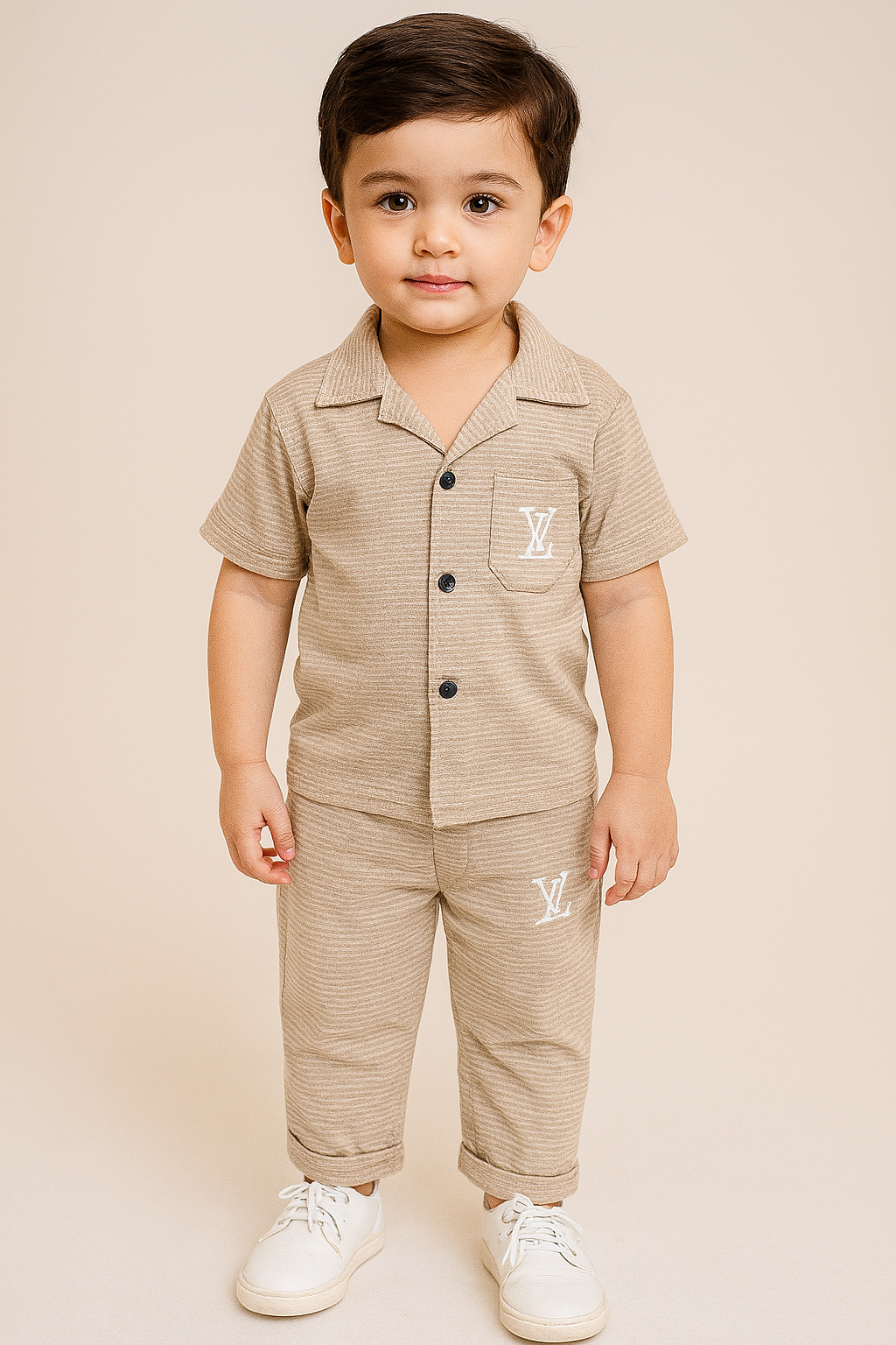 Beige stitched kids safari suit with shirt and trousers for boys – LV-style, EWD-30