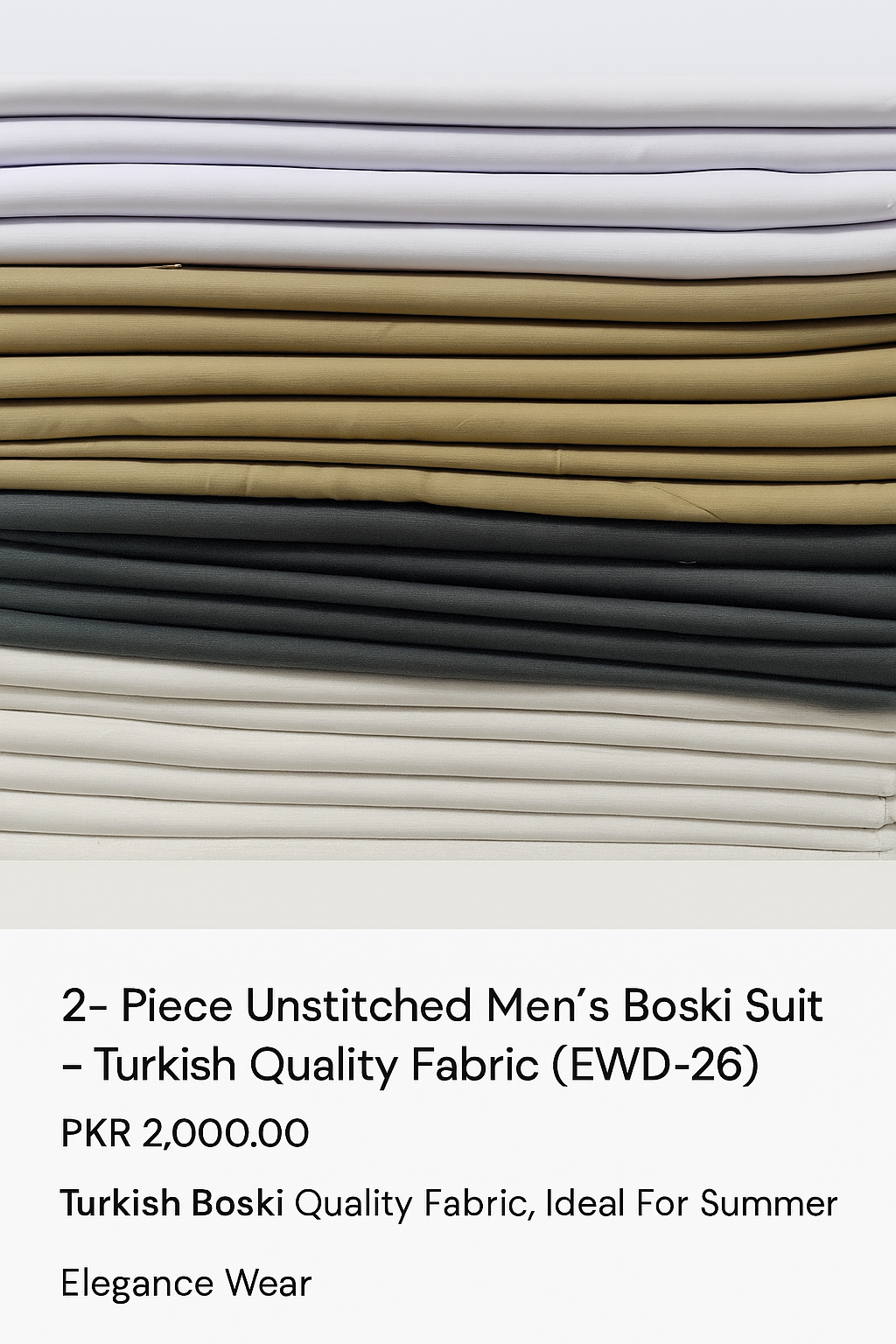 A stack of unstitched Turkish Boski men's suits in multiple neutral colors including white, beige, and grey, neatly folded and arranged for display.