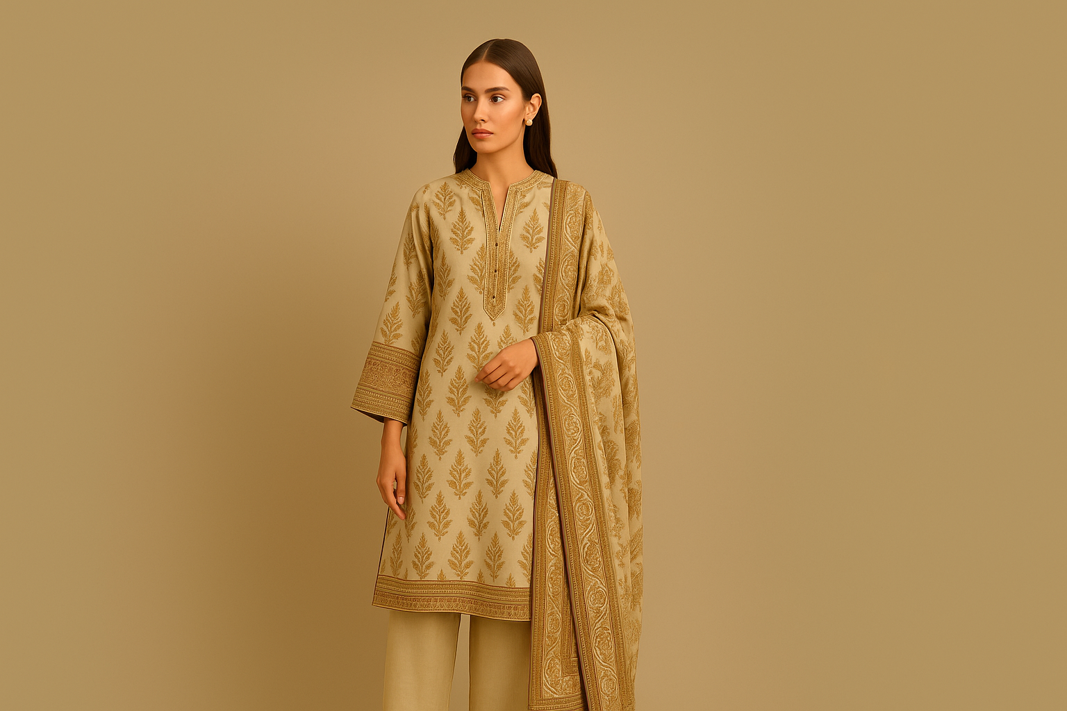 Woman in festive beige unstitched suit – Elegance Wear
