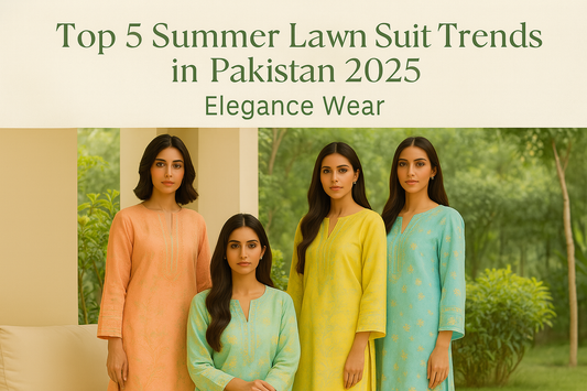 Four women wearing pastel lawn suits in peach, mint, lemon, and sky blue, standing gracefully in a garden boutique setting – Summer 2025 fashion trends in Pakistan