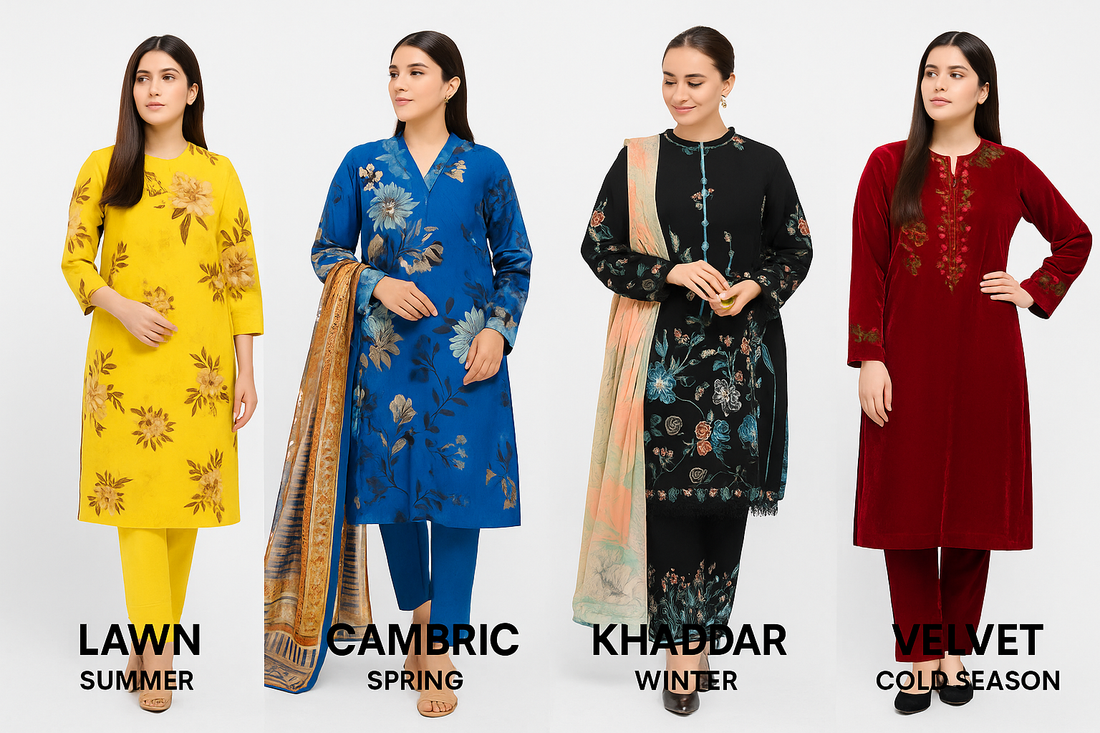 Four South Asian women wearing seasonal outfits—lawn for summer, cambric for spring, khaddar for winter, and velvet for cold weather—posing against a white background to represent fabric choices for different seasons in Pakistan.