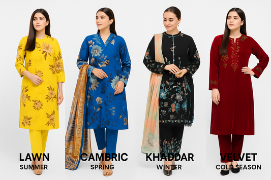 Four South Asian women wearing seasonal outfits—lawn for summer, cambric for spring, khaddar for winter, and velvet for cold weather—posing against a white background to represent fabric choices for different seasons in Pakistan.