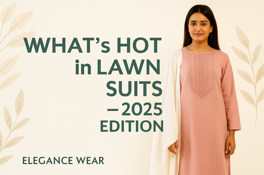A woman wearing a pastel pink unstitched lawn suit with a cream dupatta, standing beside bold text that reads "What's Hot in Lawn Suits – 2025 Edition" on a soft floral background.