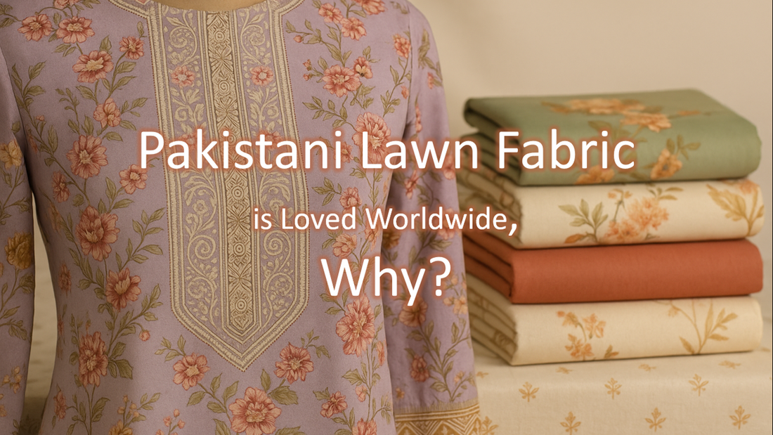 Close-up of digitally printed Pakistani lawn suit in lavender with folded fabric stacks – Elegance Wear blog cover image
