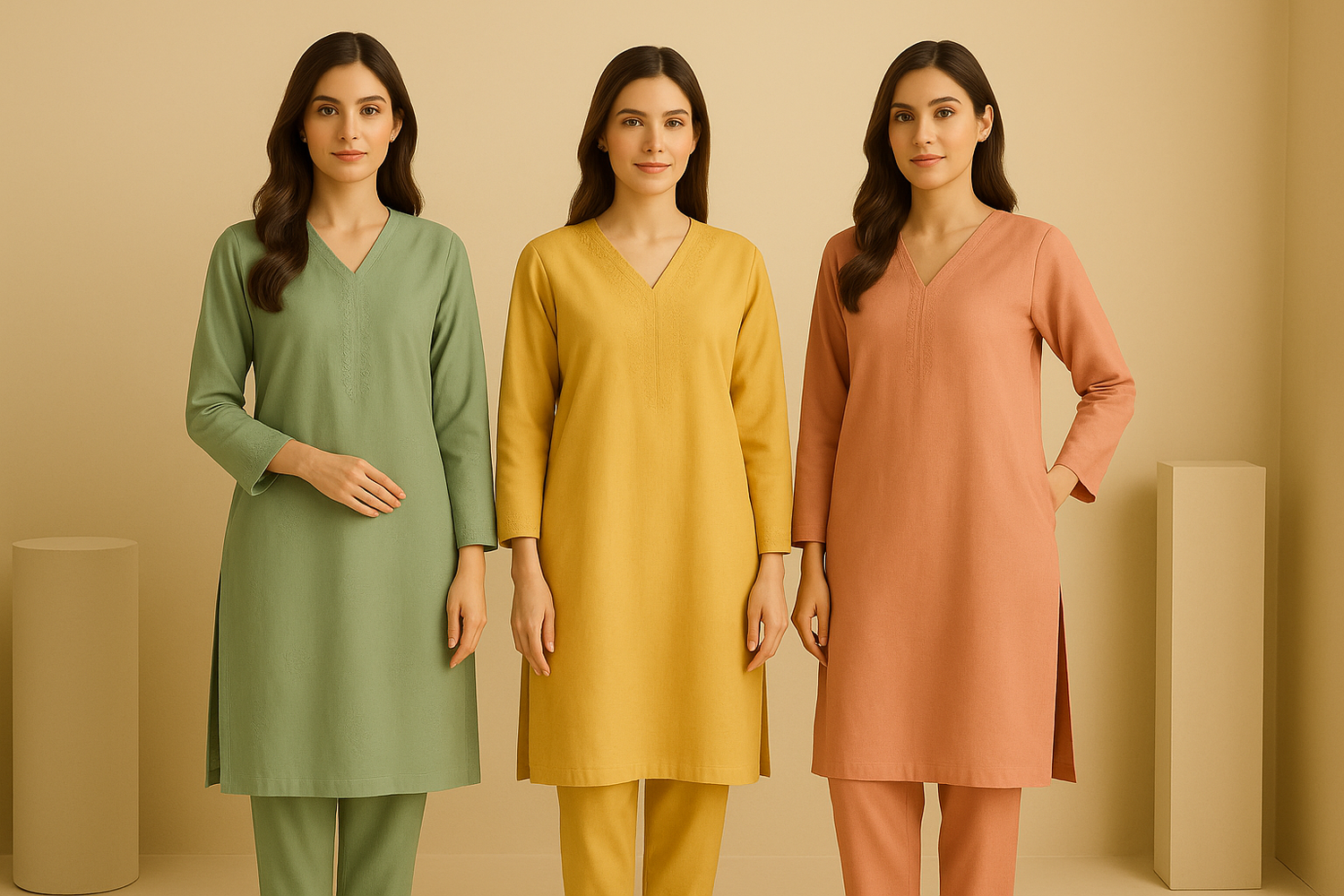 Three women wearing mint green, mustard yellow, and peach stitched kurtas from Elegance Wear’s pastel-toned women’s collection.