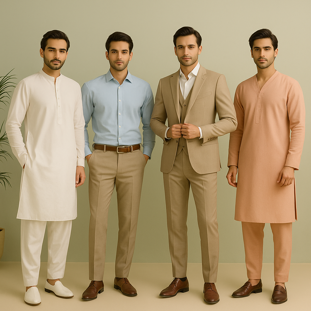 Four men dressed in a mix of modern and traditional stitched clothing including kurta and formal suit, all in soft pastel shades.