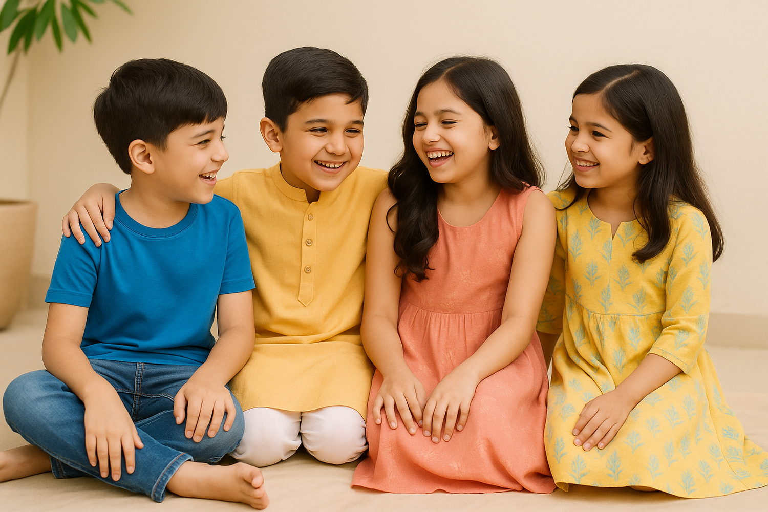Four kids sitting and laughing together, dressed in colorful casual and traditional stitched outfits from Elegance Wear’s kidswear line.