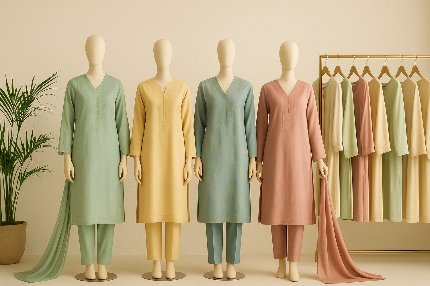 Four mannequins dressed in pastel lawn suits by Elegance Wear — in mint green, mustard yellow, teal, and peach — standing beside a matching clothing rack in a minimal beige studio