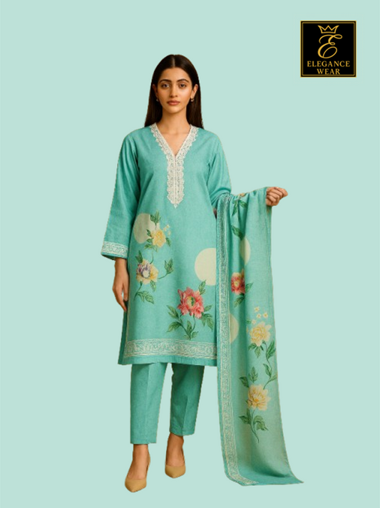 3-Piece Unstitched Lawn Suit – Baroque Turquoise Floral (EWD-3)