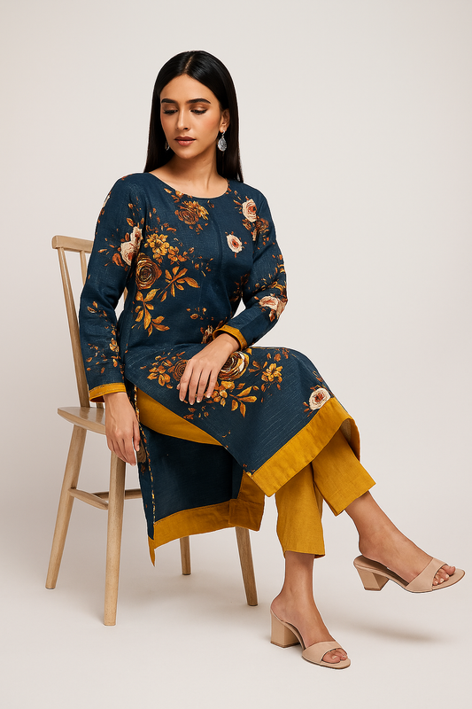 Folded 2-piece unstitched lawn suit with floral printed shirt and plain shalwar, inspired by Bareeze, Elegance Wear product EWD-6