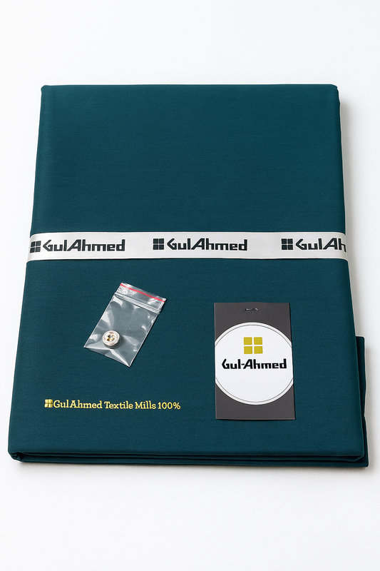 Stack of 6 Gul Ahmed unstitched men's cotton suits in different colors with brand tag and accessories

