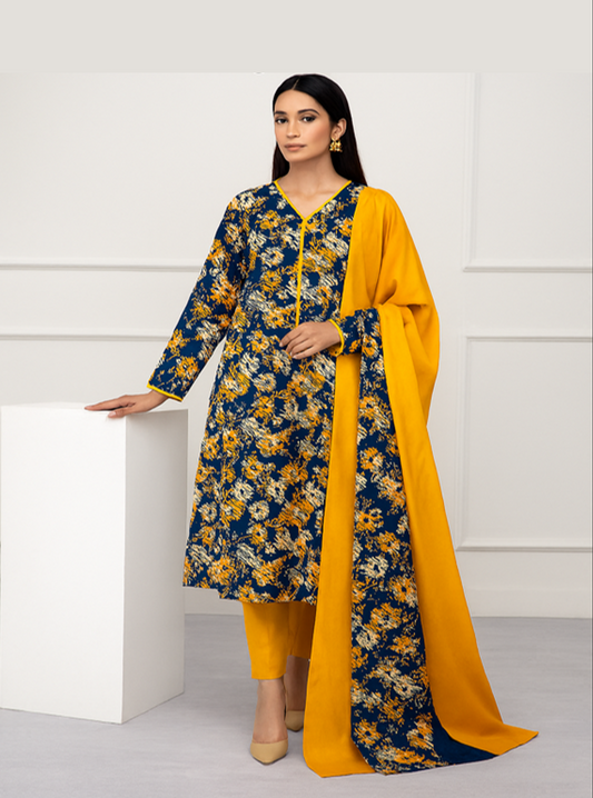 Folded 2-piece unstitched lawn suit with blue floral digital printed shirt and plain yellow shalwar from Elegance Wear