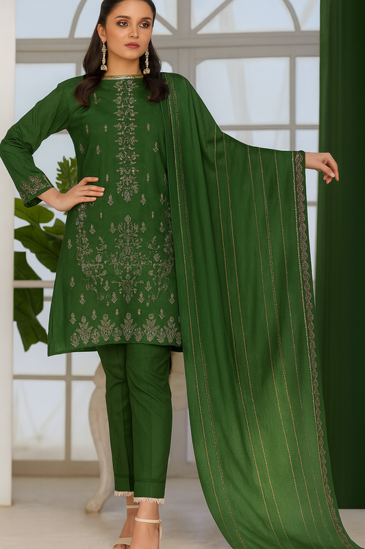 Model wearing green Asim Jofa embroidered lawn suit with Multani fancy dupatta – 3-piece unstitched outfit