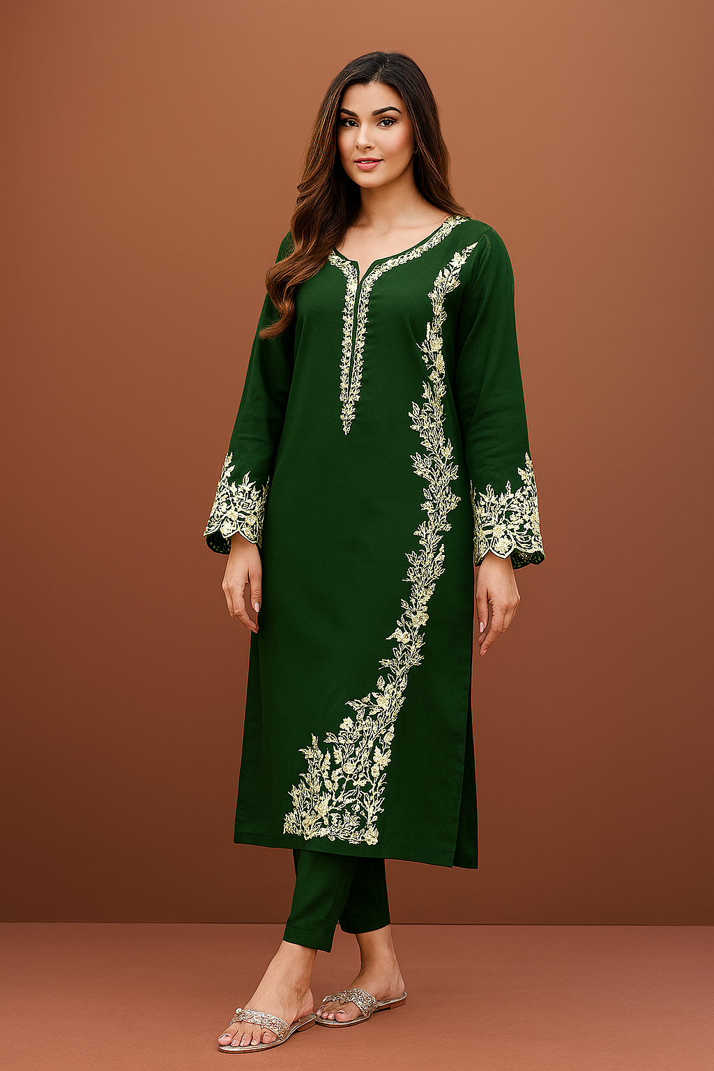 Front view of green unstitched embroidered lawn suit with printed dupatta – Bin Shoukat design

