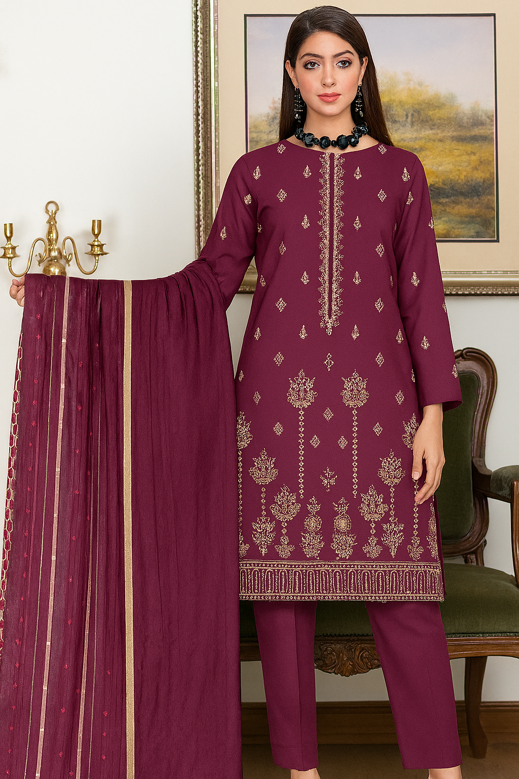 Maroon embroidered 3-piece lawn suit by Cross Stitched with Multani fancy dupatta – unstitched Pakistani wear