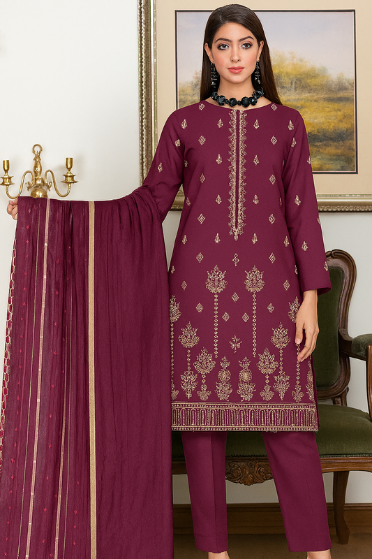 Maroon embroidered 3-piece lawn suit by Cross Stitched with Multani fancy dupatta – unstitched Pakistani wear