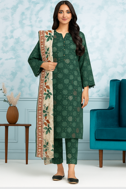 Green digital printed unstitched 3-piece lawn suit by Ego, featuring matching dupatta and trouser – summer casual wear