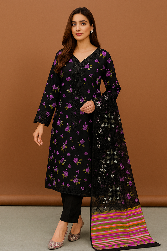Flat lay of a black floral 3-piece unstitched lawn suit with embroidered daman and striped dupatta – Al-Karam Studio

