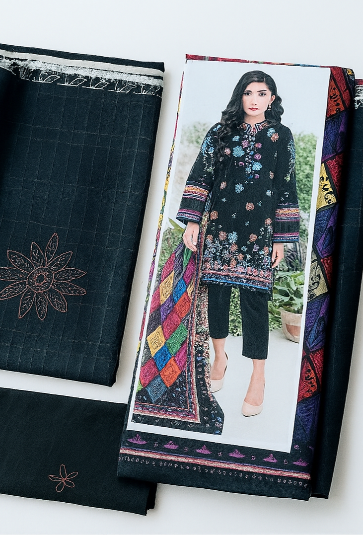 Flat lay of black unstitched lawn suit with embroidered shirt, multicolor printed dupatta, and trouser – Maria-B inspired 3-piece outfit

