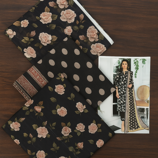 Unstitched 3-piece lawn suit with black floral shirt, polka dot trouser, and printed vail dupatta – Maria-B inspired design
