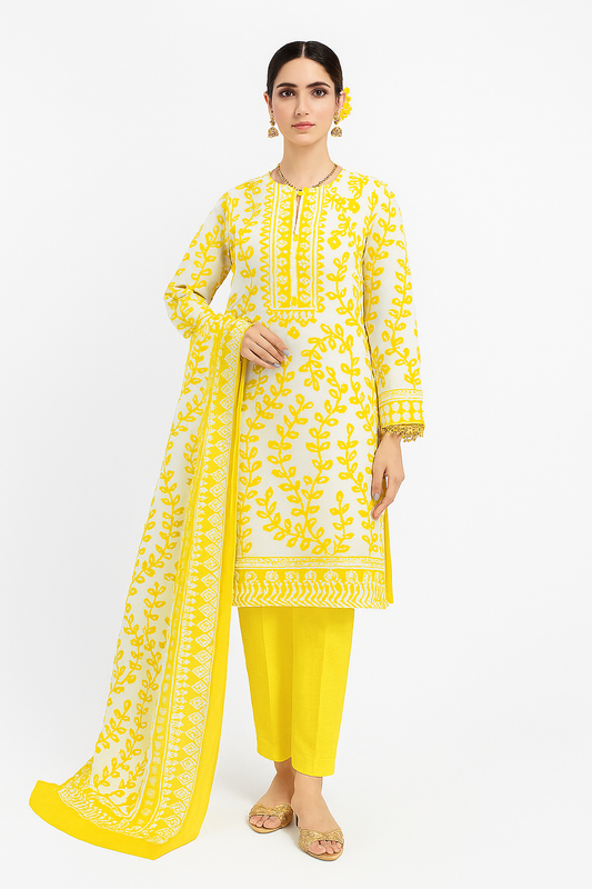 Flat lay of Maria-B inspired yellow and white digital printed lawn suit with plain trouser and printed dupatta