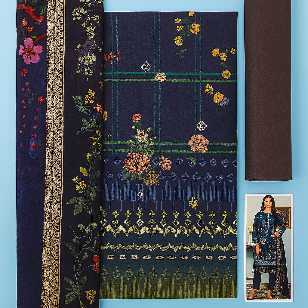 Flat lay of a dark digital printed unstitched 3-piece lawn suit by Orient with floral shirt, printed dupatta, and plain trouser