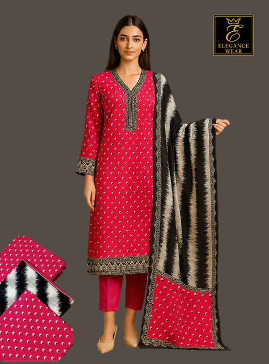 Unstitched 3-piece Swiss lawn suit by Baroque featuring pink shirt, black-white dupatta, and matching trouser