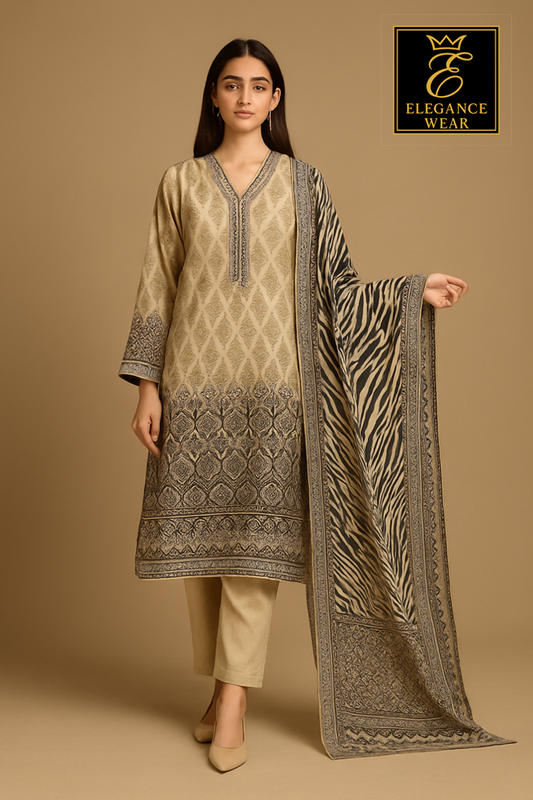 South Asian woman wearing an elegant beige and black printed 3-piece lawn suit with geometric and zebra-style patterns, posing in a studio.