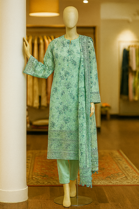 Afroz 3-piece embroidered lawn suit in soft mint color with bamber dupatta and patches – EWD-10