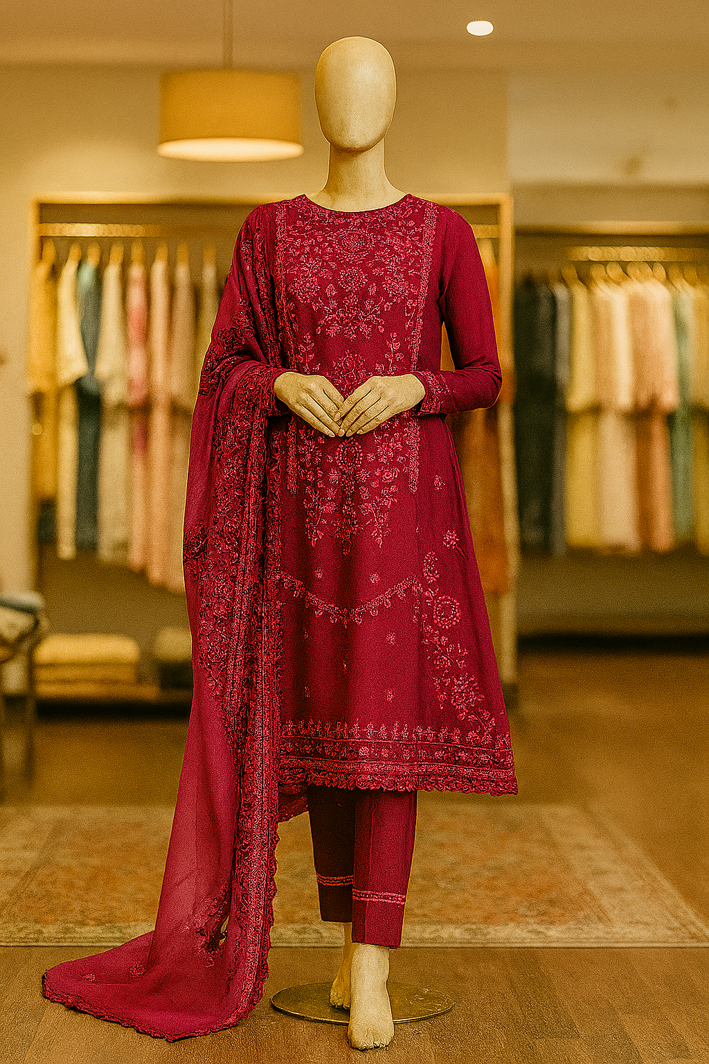 Cross-Stitched unstitched 3-piece lawn suit in magenta with bamber dopatta and embroidery – EWD-11