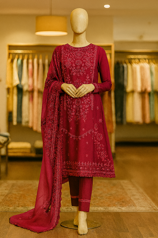 Cross-Stitched unstitched 3-piece lawn suit in magenta with bamber dopatta and embroidery – EWD-11