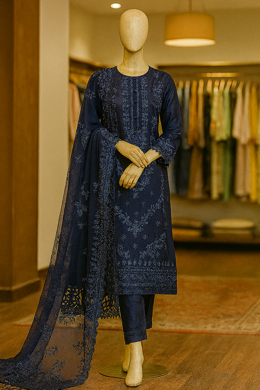 Bareeze navy embroidered unstitched 3-piece lawn suit with bamber dupatta and patches – EWD-12