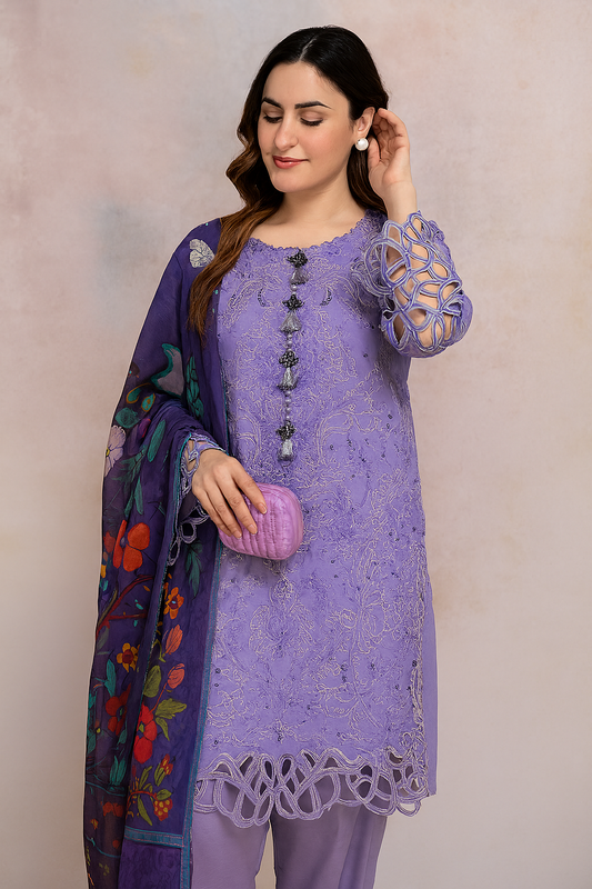 Mushq lavender unstitched embroidered 3-piece lawn suit with bamber dupatta and cutwork sleeves – EWD-13