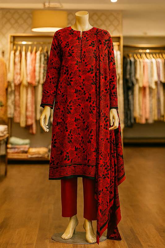 Unstitched 3-piece lawn suit by Nishat with digital red and black rose print – EWD-9