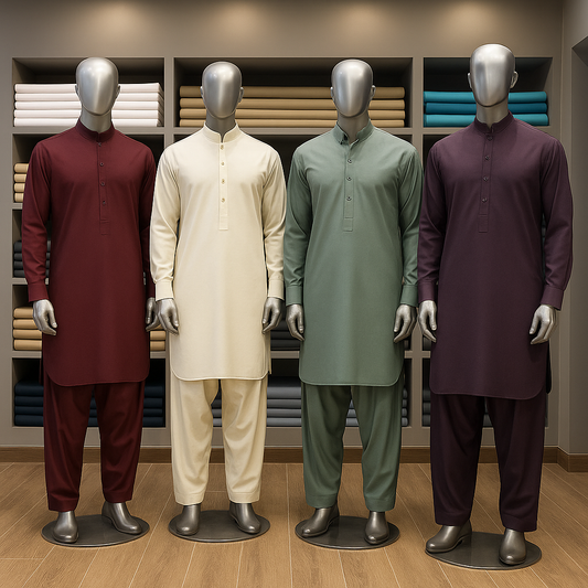 Four male mannequins dressed in Turkish Boski unstitched suits in various colors, stylishly presented in a men's boutique environment.