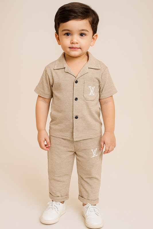 Beige stitched kids safari suit with shirt and trousers for boys – LV-style, EWD-30