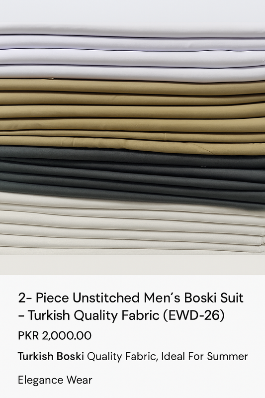 A stack of unstitched Turkish Boski men's suits in multiple neutral colors including white, beige, and grey, neatly folded and arranged for display.