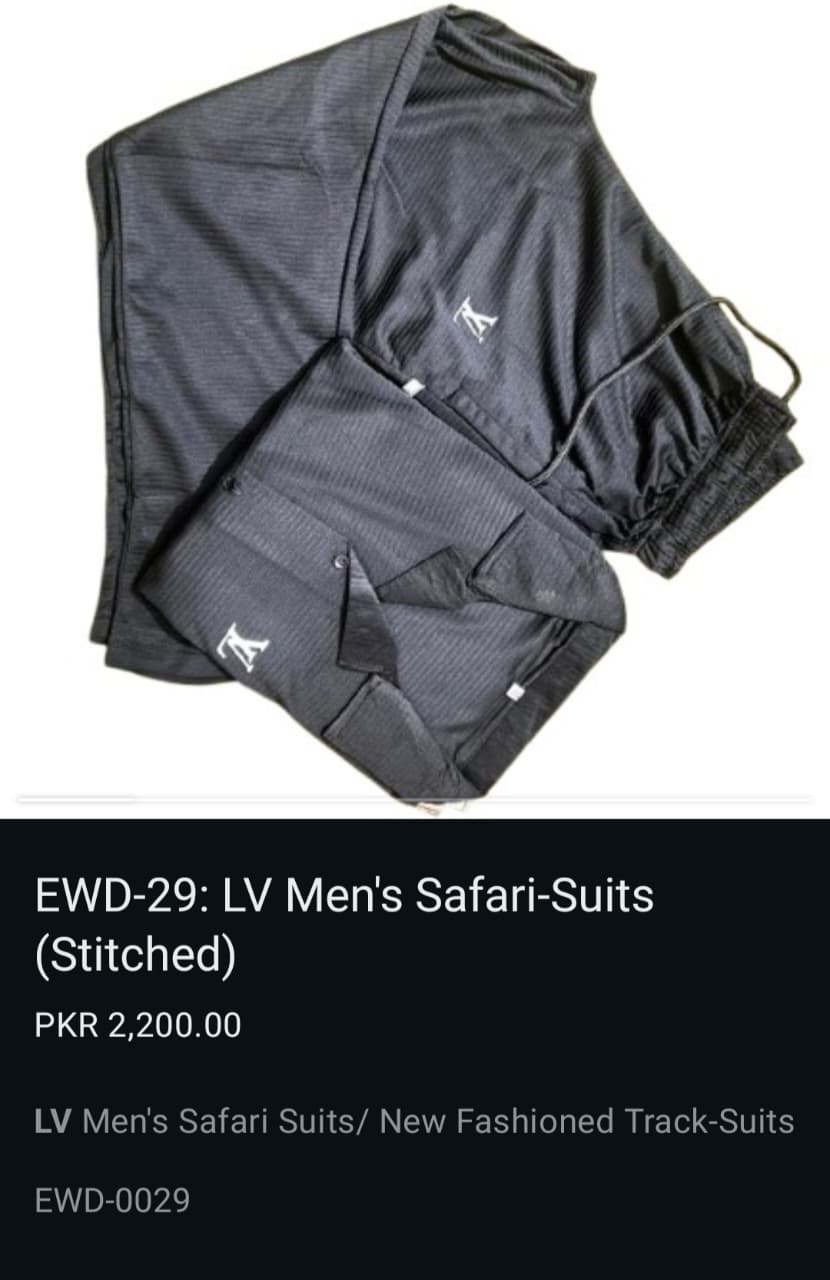 LV safari suit for men with shirt and trouser laid out flat