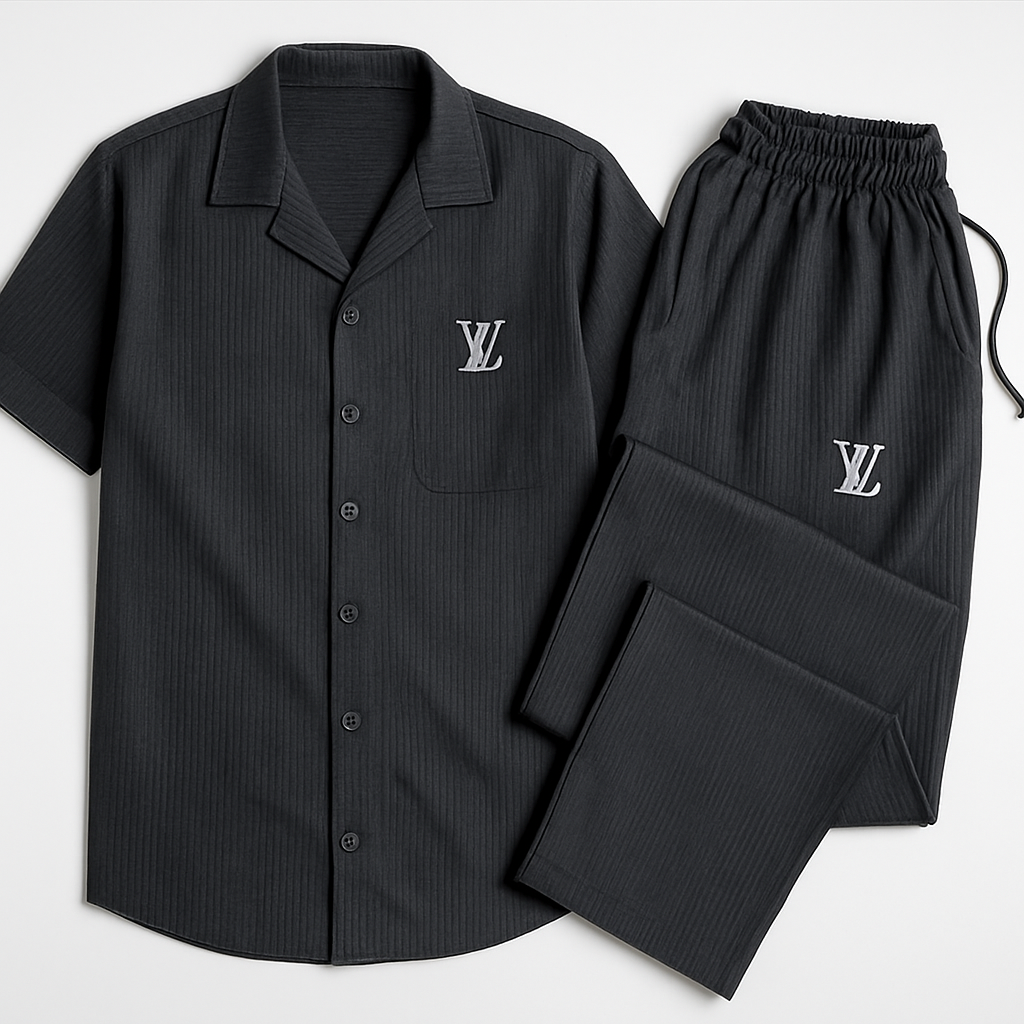 LV safari suit for men with shirt and trouser laid out flat