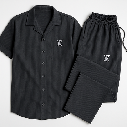 LV safari suit for men with shirt and trouser laid out flat