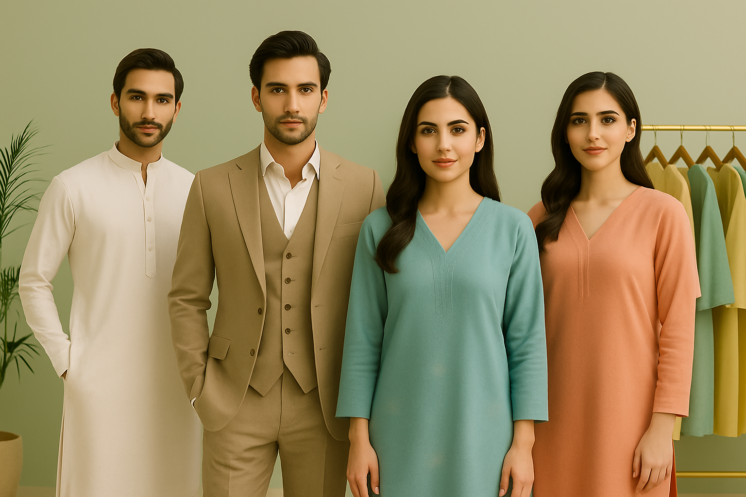 Two men and two women standing indoors in pastel stitched outfits; central male and female models in focus for mobile-friendly layout.
