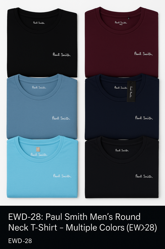 Six folded Paul Smith men's round neck T-shirts in multiple colors, packed in transparent wrapping

