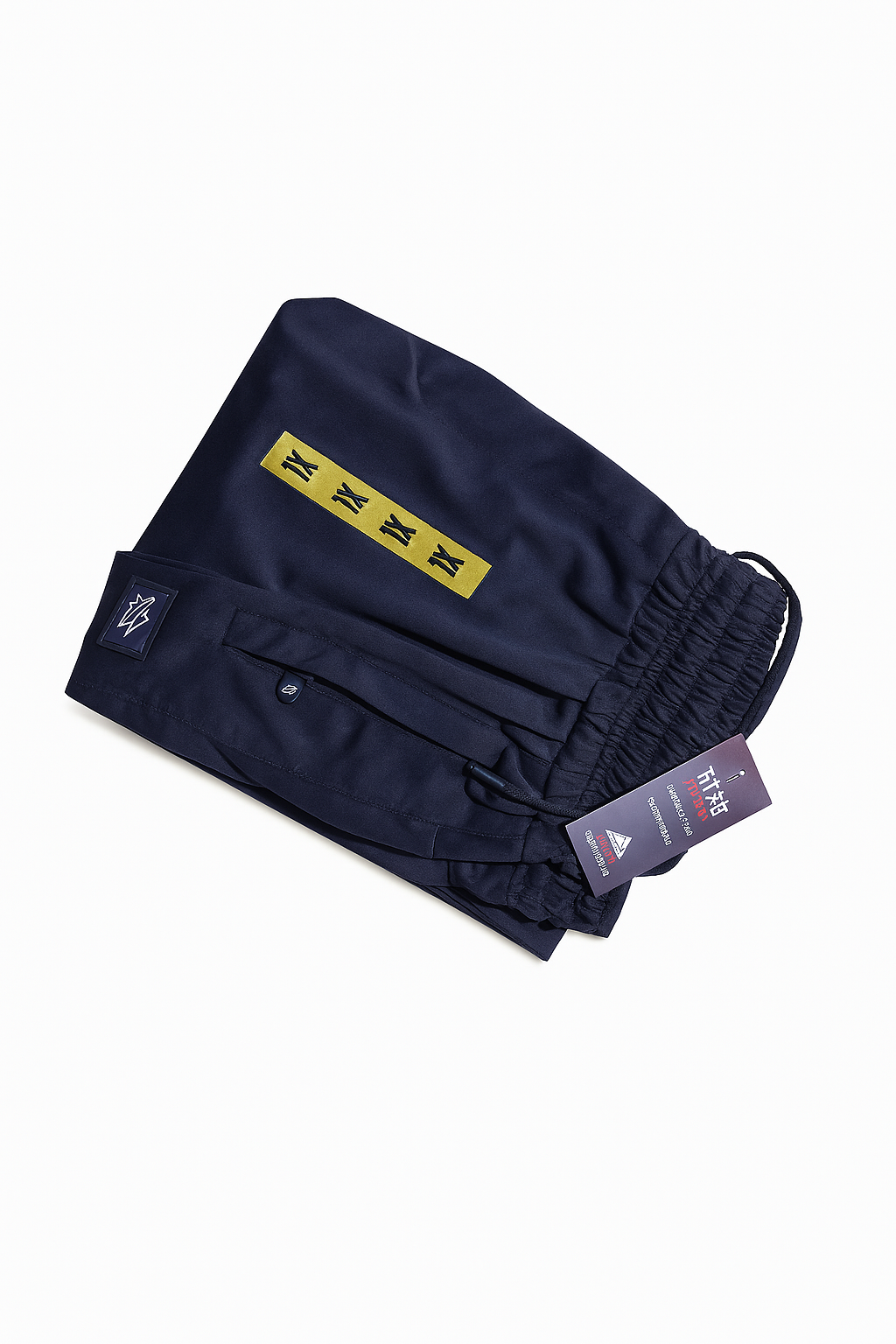 "Folded navy blue Tommy Hilfiger inspired men's stretchable trousers with tags"
