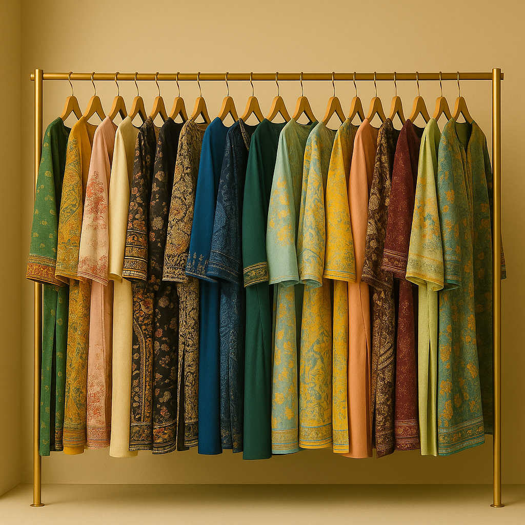 Colorful digital printed lawn suits on hangers – Elegance Wear boutique display
